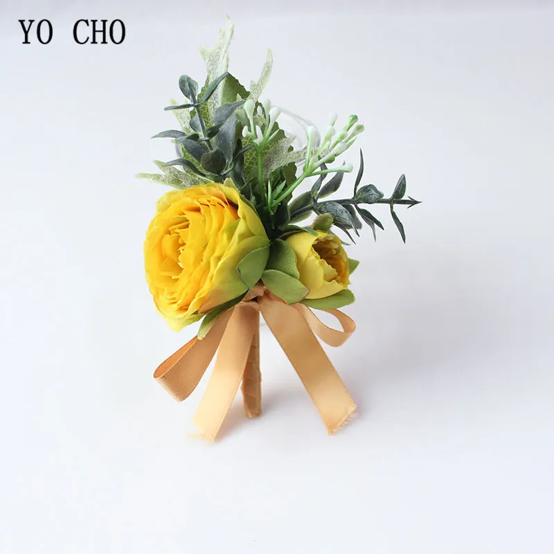 Boutonniere Flowers wedding wrist corsage flowers silk roses yellow  (32)