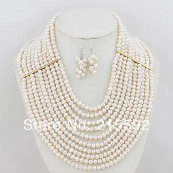 

Beautiful 10 Rows Freshwater Pearl Beads Jewelry Set White Wedding Bridal Jewelry Set New Fashion Jewelry SetFree Shipping FP052