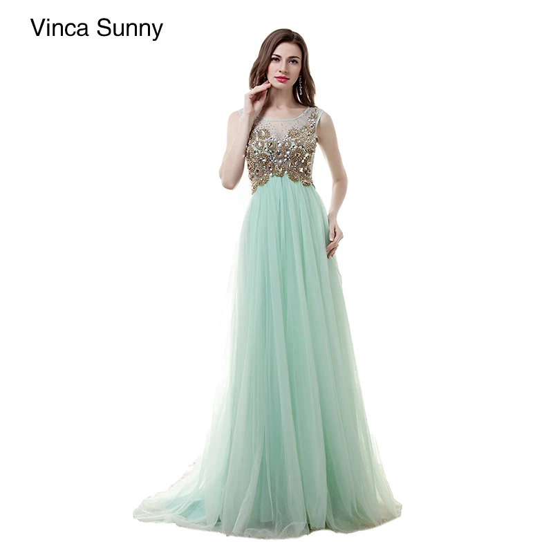 Beauty Scoop Neck Beading Open Back mint green tulle Long Prom Dresses 2018 Sleeveless A Line Floor Length Dress custom | Свадьбы и
