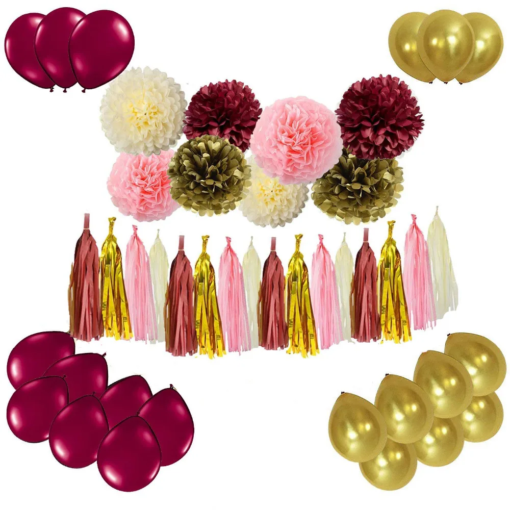 Party Decoration 48pcs Burgundy Gold Pink Tissue Paper Pom Poms Tassel