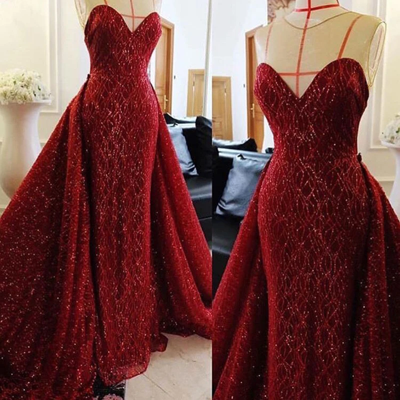 ANGEL NOVIAS Lange Elegante Bourgondië Mermaid Glitters Lace Arabisch Elegante Avondjurk 2019 met Afneembare Rok ANGEL NOVIAS Lange Elegante Bourgondië Mermaid Glitters Lace Arabisch Elegante Avondjurk 2019 met Afneembare Rok