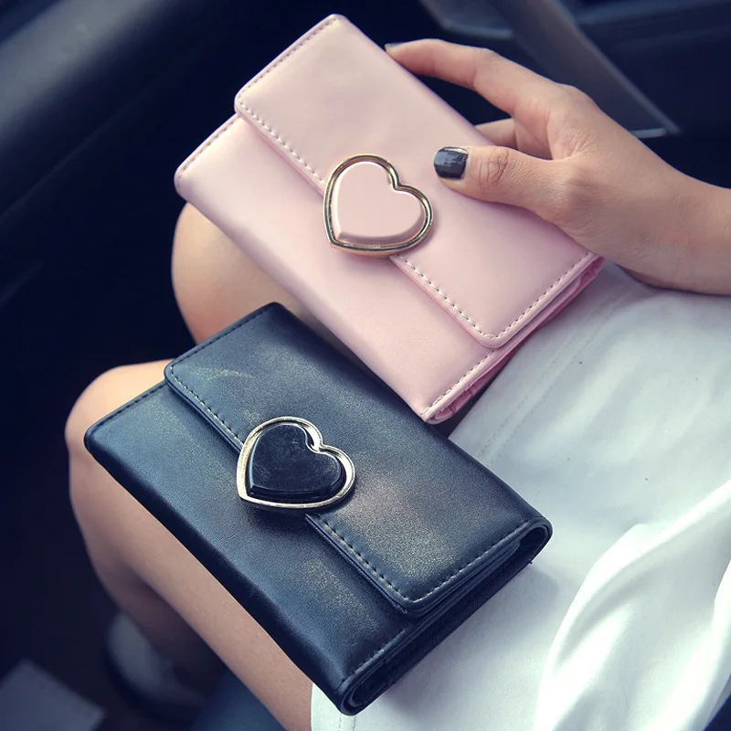 

2018 Lady Heart Women Wallets Clutch Card Holder PU Leather Wallet Female Solid Heart Hasp Short Carteira Feminina