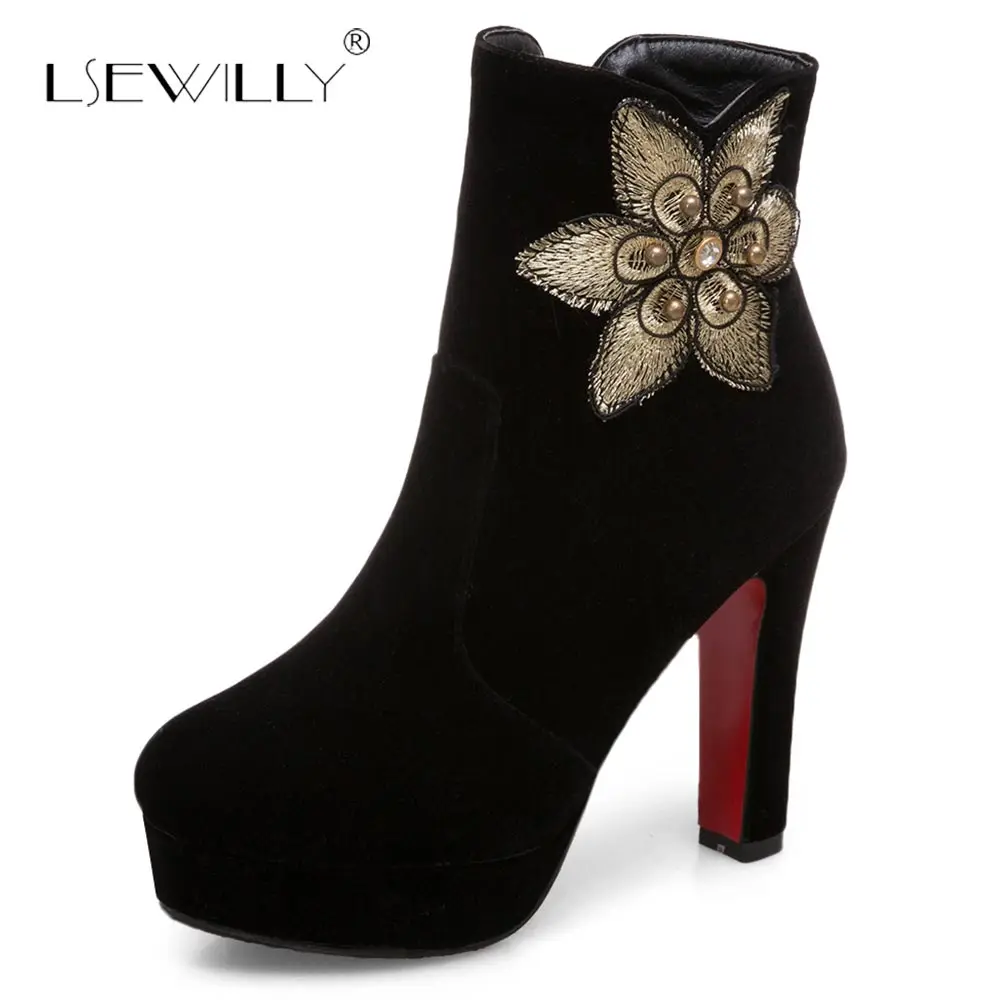 

Lsewilly 2018 hot sale new arrive women boots zipper black red autumn winter ladies boots flower platform ankle boots S759