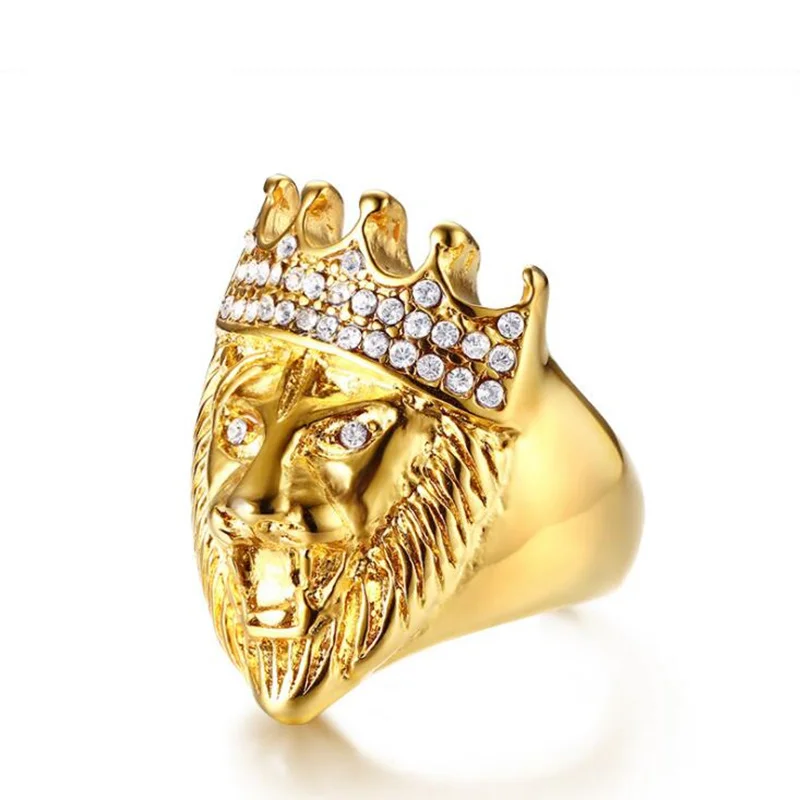buy Men #039;s Hip Hop Gold Tone Roaring King Lion Head and Crown CZ Ring for Men Rock punk Stainless Steel High quality wholesale G0306