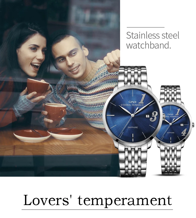 Geya Японский Miyota механизм Женские часы модные кожаные синие водонепроницаемые кварцевые часы сапфир пара Любовник золотые часы