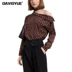 2018 на одно плечо в горошек блузка рубашка женские весенние Длинные рукава атласная офисная блузка корейские женские топы и блузы mujer