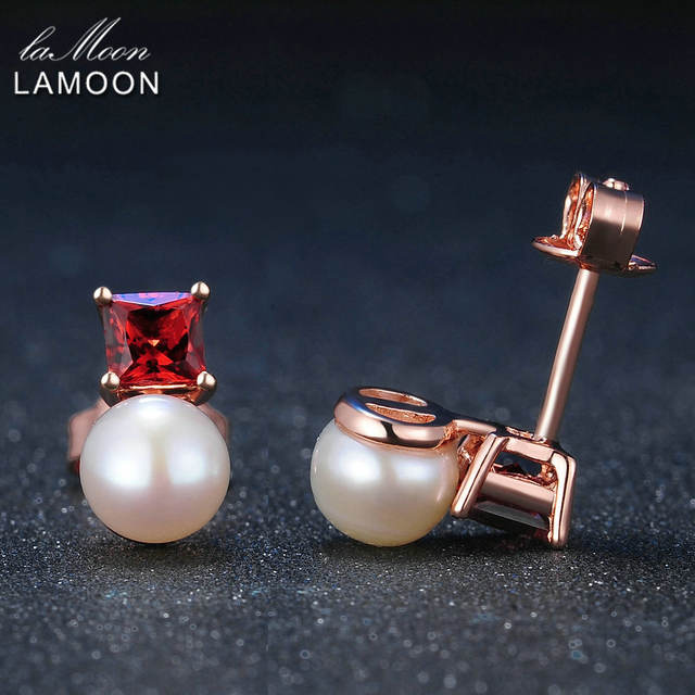 LAMOON Simple Style 100% Natural Red Garnet Freshwater Pearl 925 sterling-silver-jewelry  Earring S925 LMEI038