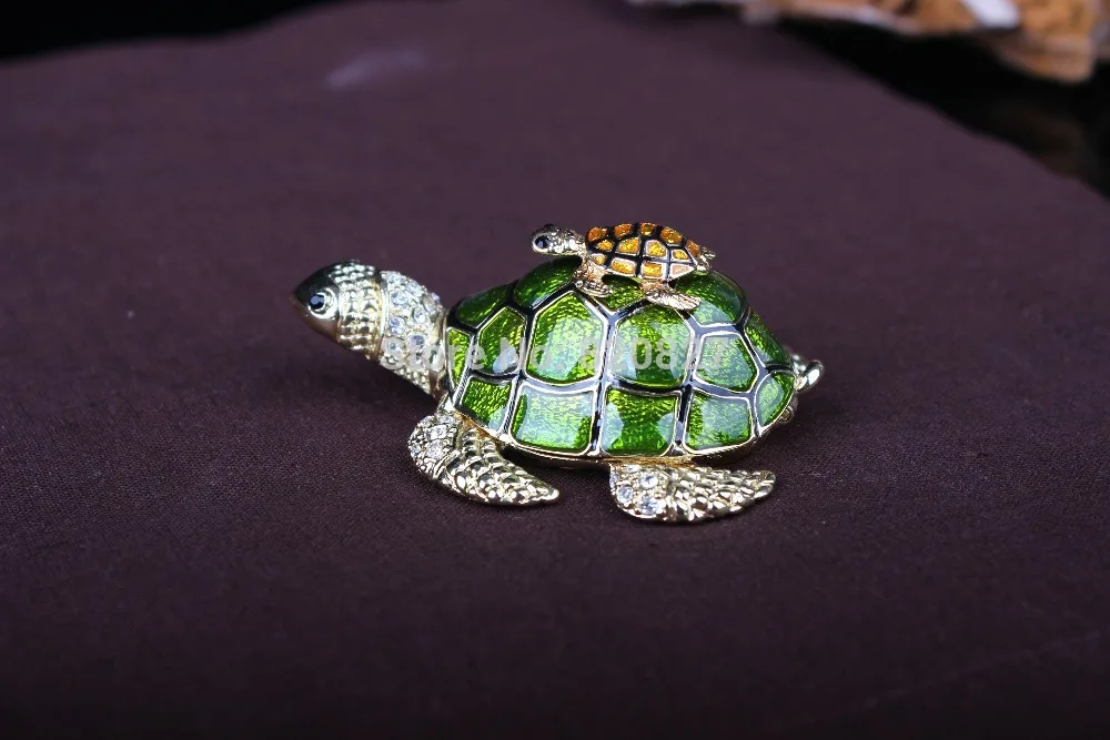 2015 new 2 turtles stacked jewelry box silver crystal studded turtle
