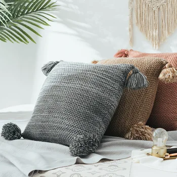 

45x45cm brick red/grey/khaki wool knitted cushion cover sofa pillowcase fringes decorative waist pillow cover tassel home decor