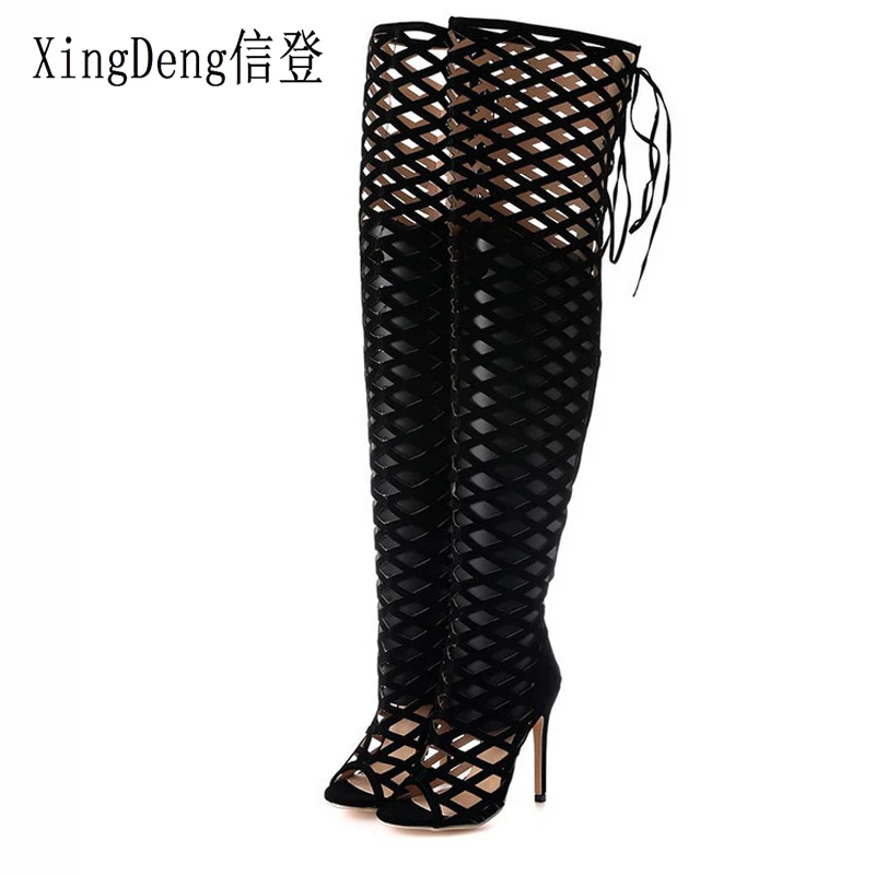 

XingDeng Girl Party Sexy Over The Knee Hollow High Heels Sandals Shoes Summer Women Gladiator Design Lace Up Evning Dress Shoes