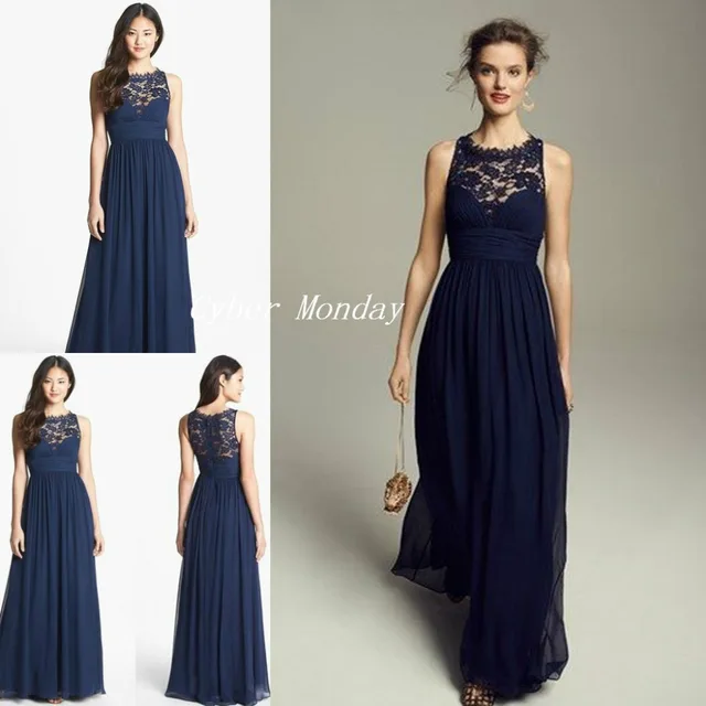 Dark Navy Blue Bridesmaids Dresses 2017 Cheap Long Chiffon Jewel Neck