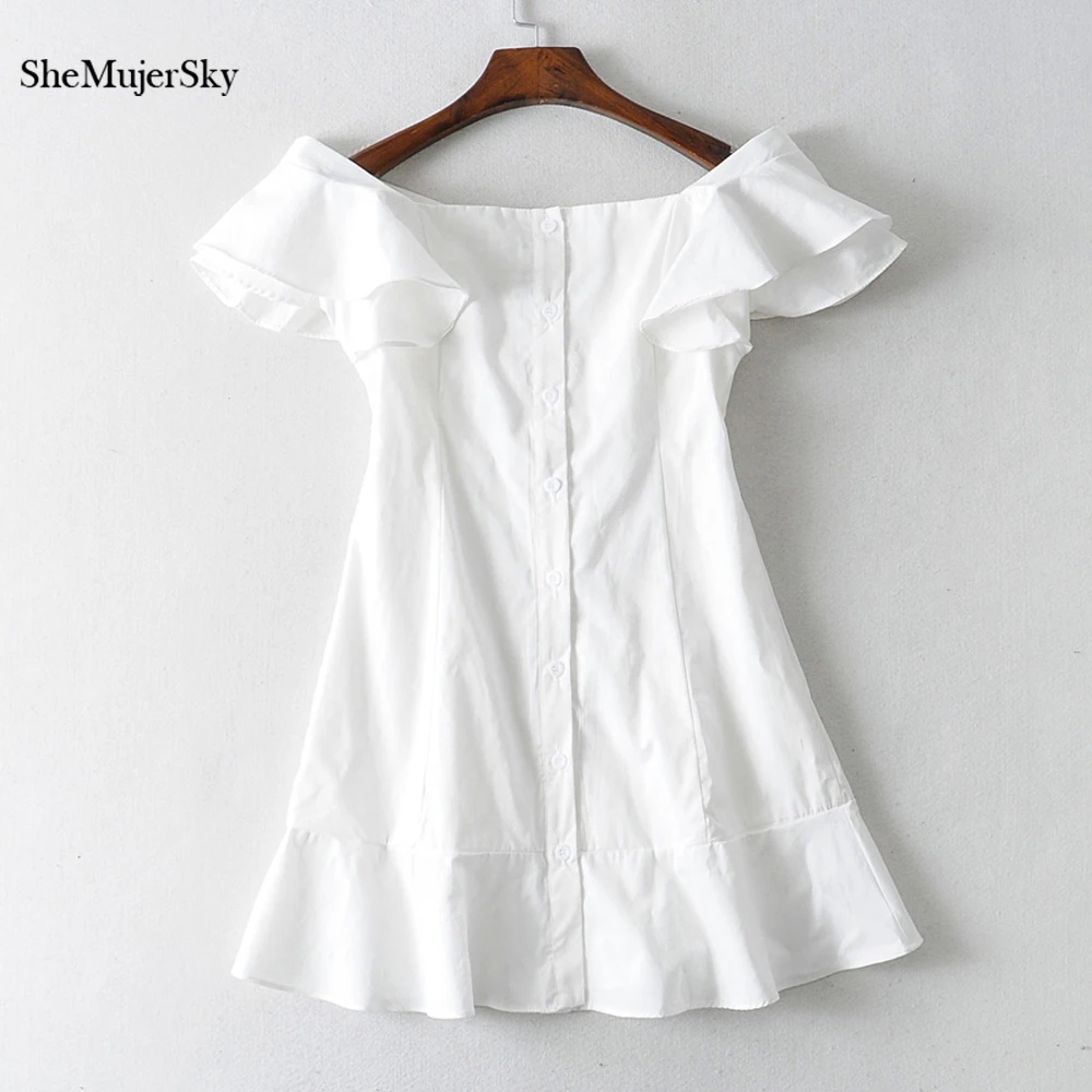 SheMujerSky белое платье с открытыми плечами женское летнее сексуальное мини-платье на подкладке с вырезом лодочкой и пуговицами