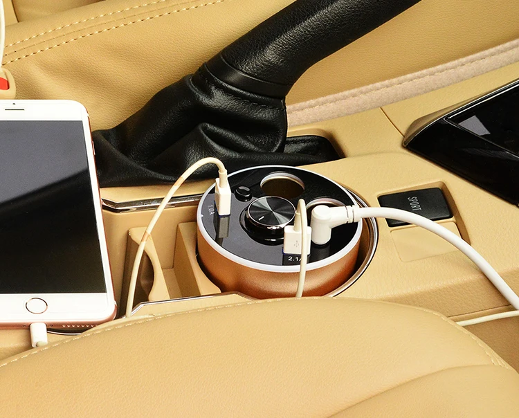 Multi-Function Car Charger Cup Holder Dual Cigarette Lighter Sockets Power Adapter 2 USB Ports With Bluetooth Wireless Earphone