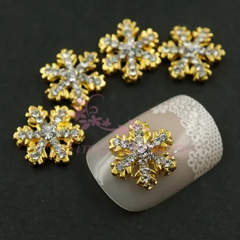 

100PCS/LOT Gold Tone Alloy Clear Rhinestones Decorate Snowflake XMAS Acrylic Nail Art Charms Jewelry Crafts 3D Design Decoration