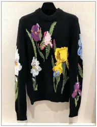 WISHBOP черный красочный тюльпан цветочный Интарсия шерстяной свитер круглый средства ухода за кожей шеи с длинными рукавами Ребристый Подол