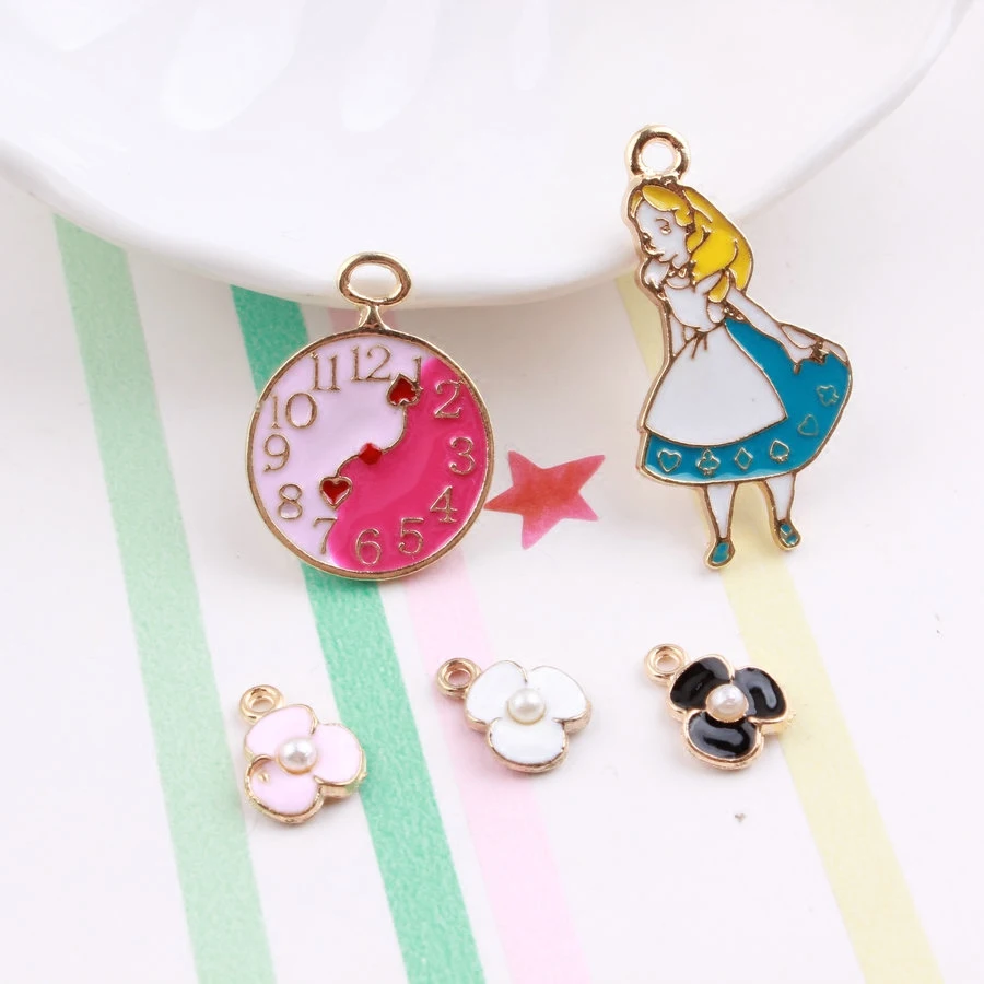 

Oil Drop Charms 10pcs/lot Metal Flower Clock Girl Enamel Charms Pendants Gold-Color Fashion Jewelry Accessories