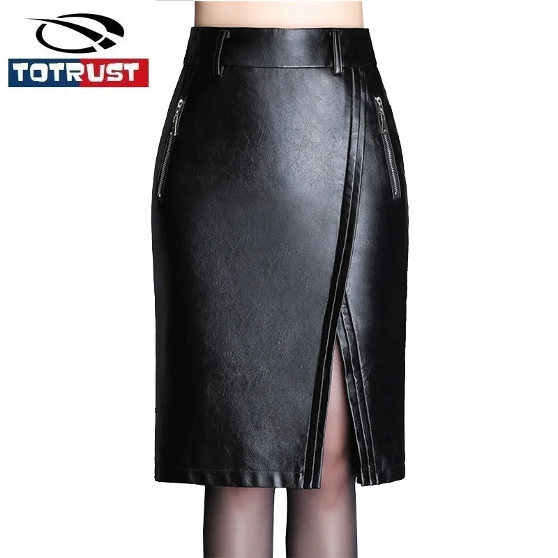 

TOTRUST Lady Black PU Faux Leather Skirt Women 2019 High Waist Skirt Plus Size Midi Pencil Skirt Side Slit Faldas Saia Femininas