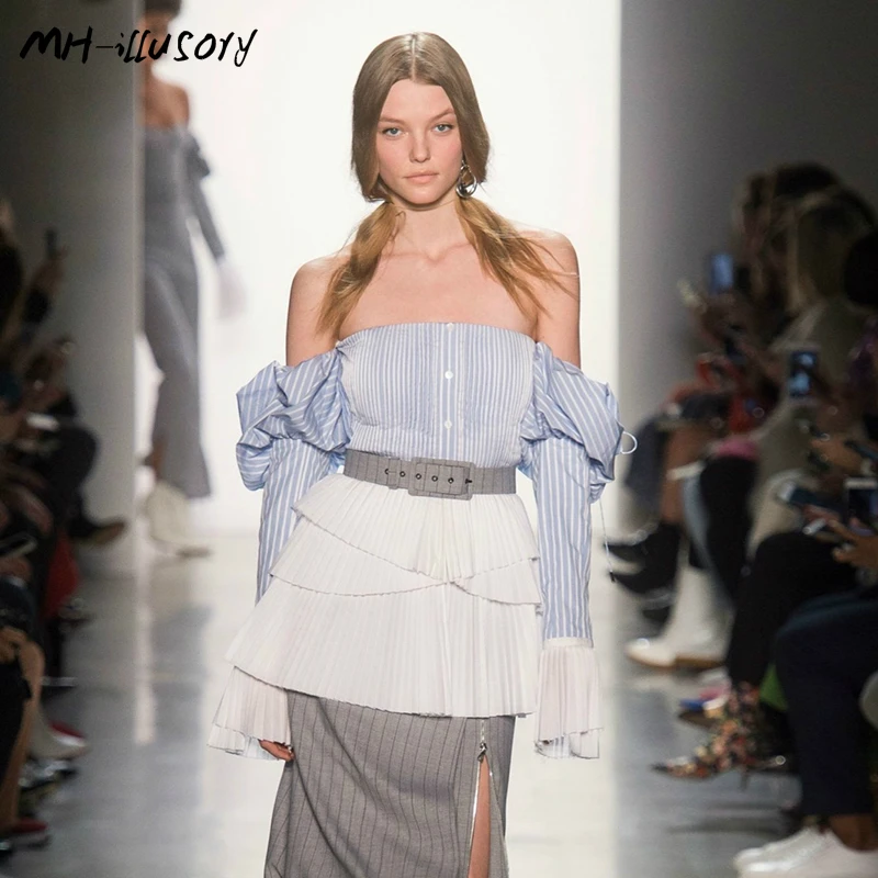 Women Sexy Top Blouse Shirt Long Sleeve Newest Blouse 2019 Women Tops Light Blue Strip Women Blouses Shirts Slash Neck Top