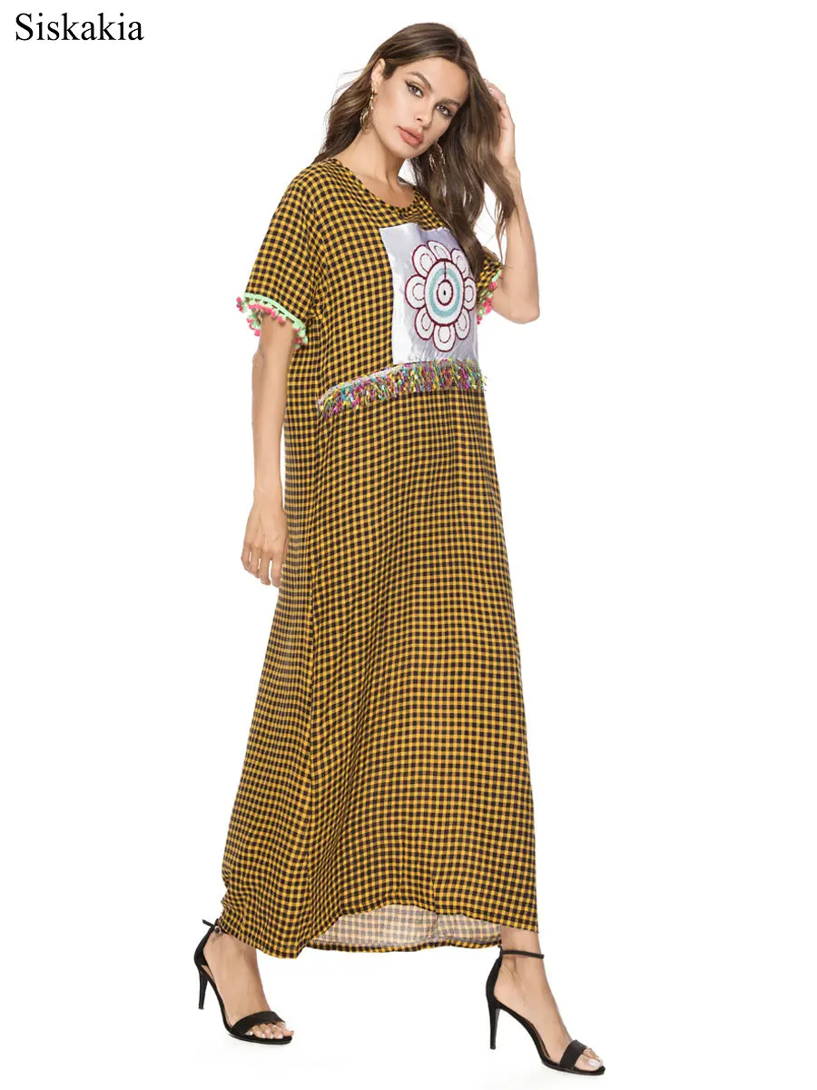 Siskakia Fashion Plaid Stripe Women Maxi Long Dress Print Tassel 3D Yellow Female Streetwear O neck Short Sleeve Loose Summer  (5)