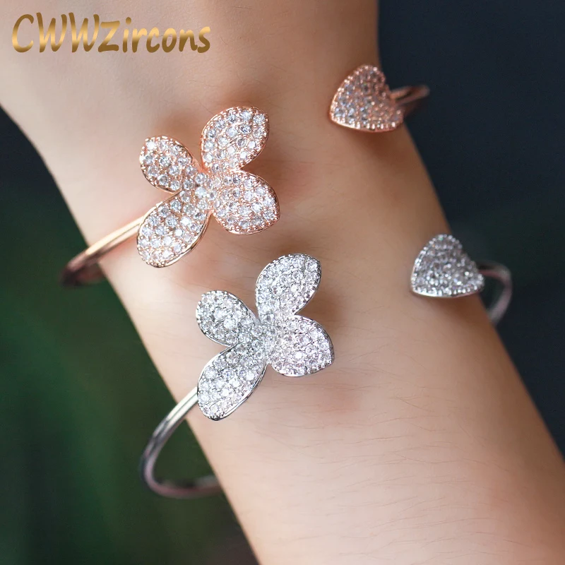 

CWWZircons Adjustable Size Fashion Brand Rose Gold Open Cuff CZ Crystal Flower Bangle Bracelet Jewelry for Women Gift BG013