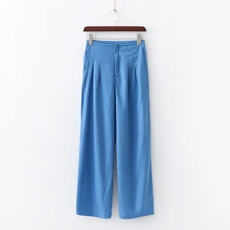 

Cotton And Linen Material Pants Womens Casual Pure Blue Color Trousers Female Loose Long Pant Women Cargo Pants Women
