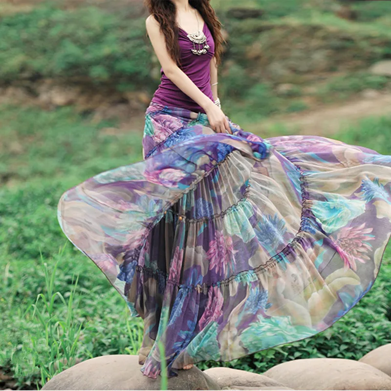 Free Shipping 2023 Boshow Fashion Long Chiffon Skirt Floral Printed Maxi Boho Skirts For Women Plus Size Bohemian Skirts XS-XL jinjin qc 2019 new fashion leaf printed beach scarf women scarves and shawls echarpe foulard femme bandana hijab drop shipping