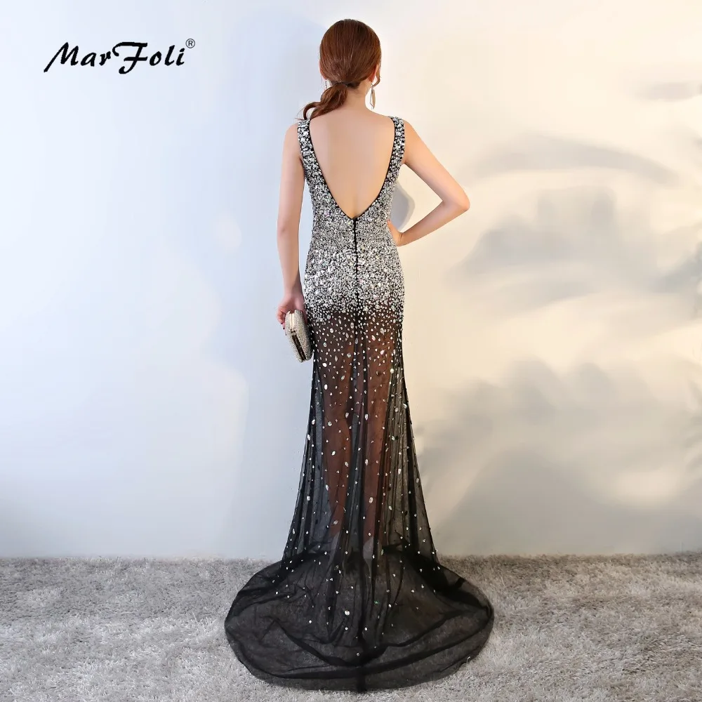 MarFoli Кристалл Люкс пол-Длина полное ручное сексуальные звезды платье вечернее платье коктейльное платье тюль Illusion Пром LF0122