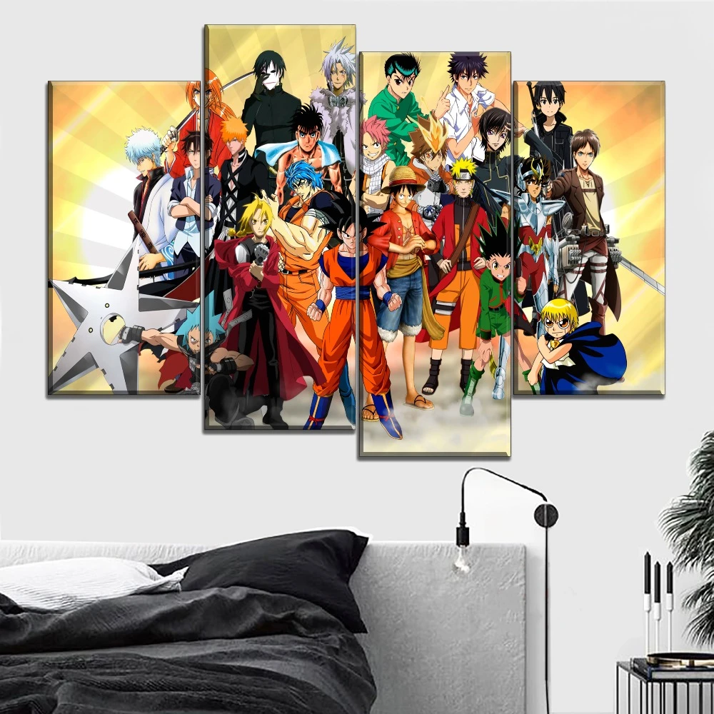 ホットselアニメキャラクタークロスオーバーポスターに近代キャンバス印刷タイプとに壁の装飾4ピースモジュラースタイル絵画 Painting Calligraphy Aliexpress