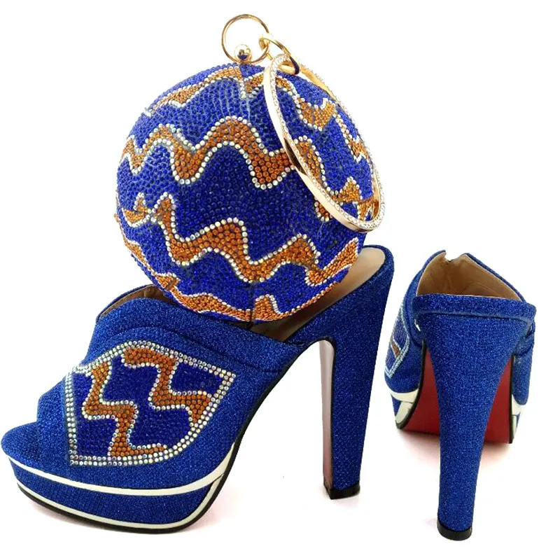 

Noble pattern royal blue high heel African lady shoes and handbag sets with rhinestones BCH-09 multi color