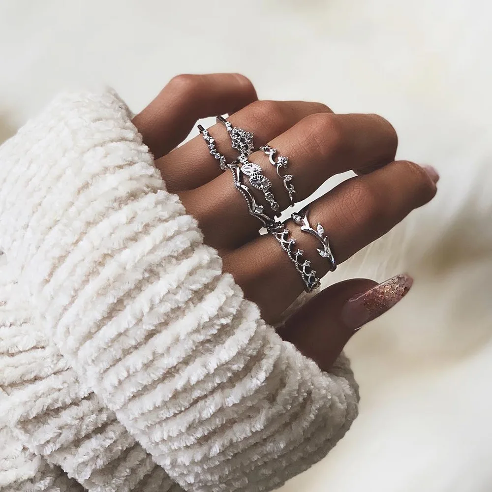 

7 Pcs/ Set Bohemian Crown Leaf Flower Gems Crystal Silver Ring Set Women Exquisite Fashion Party Jewelry Gift