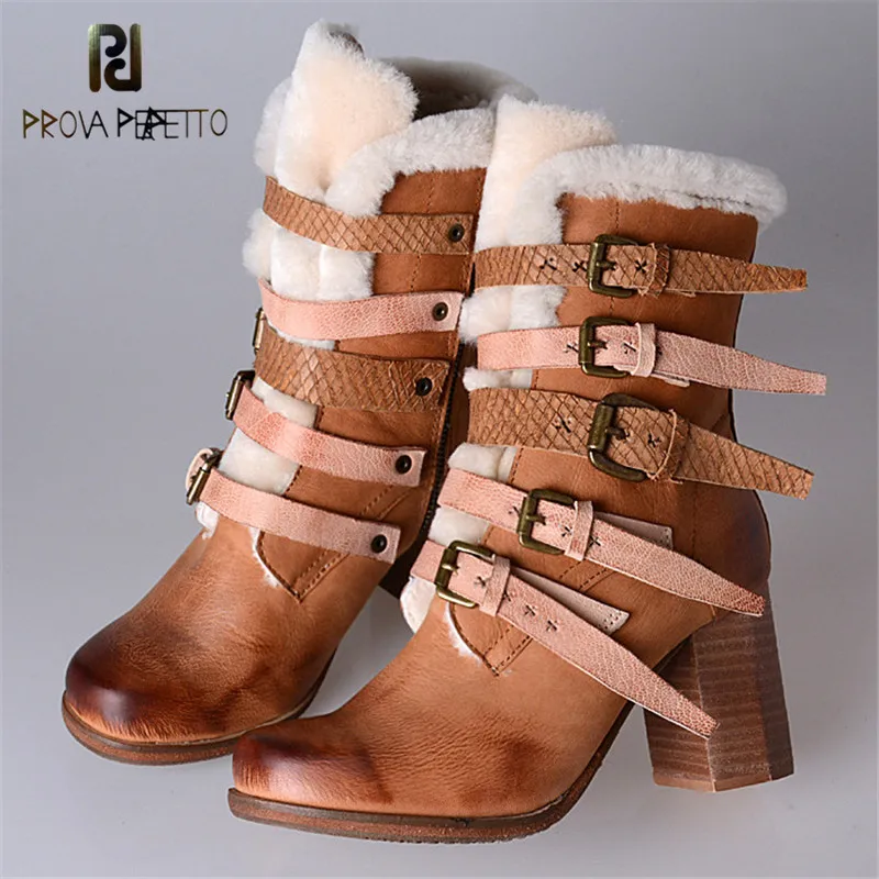 

Prova Perfetto Sweet Mixed Color Buckle Strap Genuine Leather Mid Boots With Fur Inner Warm Chunky High Heel Woman Snow Boots
