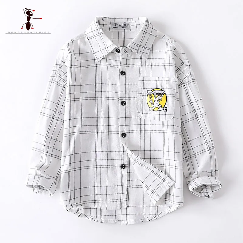 

2019 Kung Fu Ant Original Design Spring Leisure Plaid 100%Cotton White Boys Shirts 10T Cute Pattern Big Children's Chemise 3399