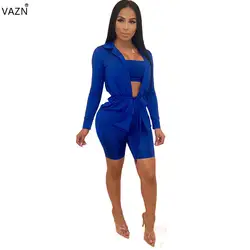 VAZN 2018 весенние Горячие 3-pieces Женские однотонные 2-цвета без бретелек полые наборы женские полный рукав на шнуровке обтягивающие костюмы XYZ2098