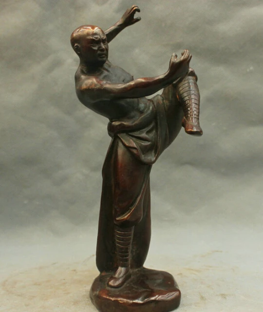 9'' China Shaolin Monk Play Kungfu Gongfu Martial Arts Bronze Statue