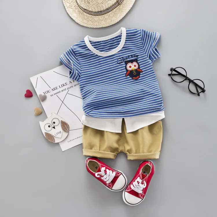 

Wholesale Cotton Baby Boy Clothes Korean Casual Owl Striped Sports T-Shirt Shirt Top + Shorts 2PCS Bebes Jogging Suit Infant Set