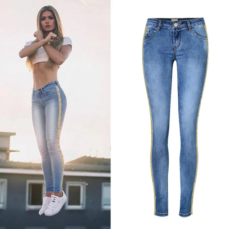 Low Waist Fashion Side Stripe Skinny Jeans Women Slim Embroidered Gold Sequin Vaqueros Mujer High Street Push Up Calca Denim Low Waist Fashion Side Stripe Skinny Jeans Women Slim Embroidered Gold Sequin Vaqueros Mujer High Street Push Up Calca Denim
