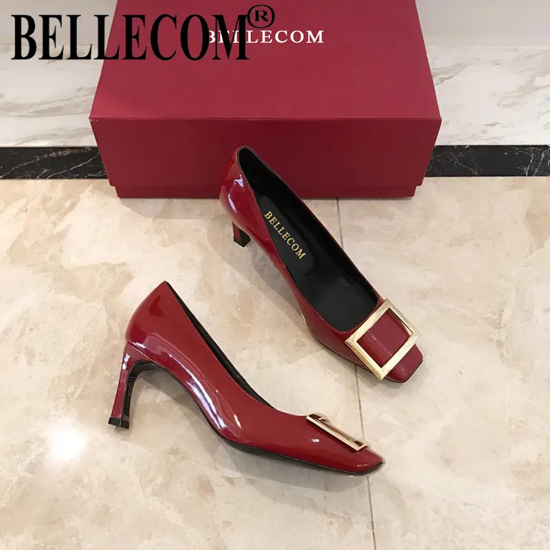

BELLECOM 2019 spring and autumn sweet sexy square buckle thick leather women's shoes with versatile high heel shoes