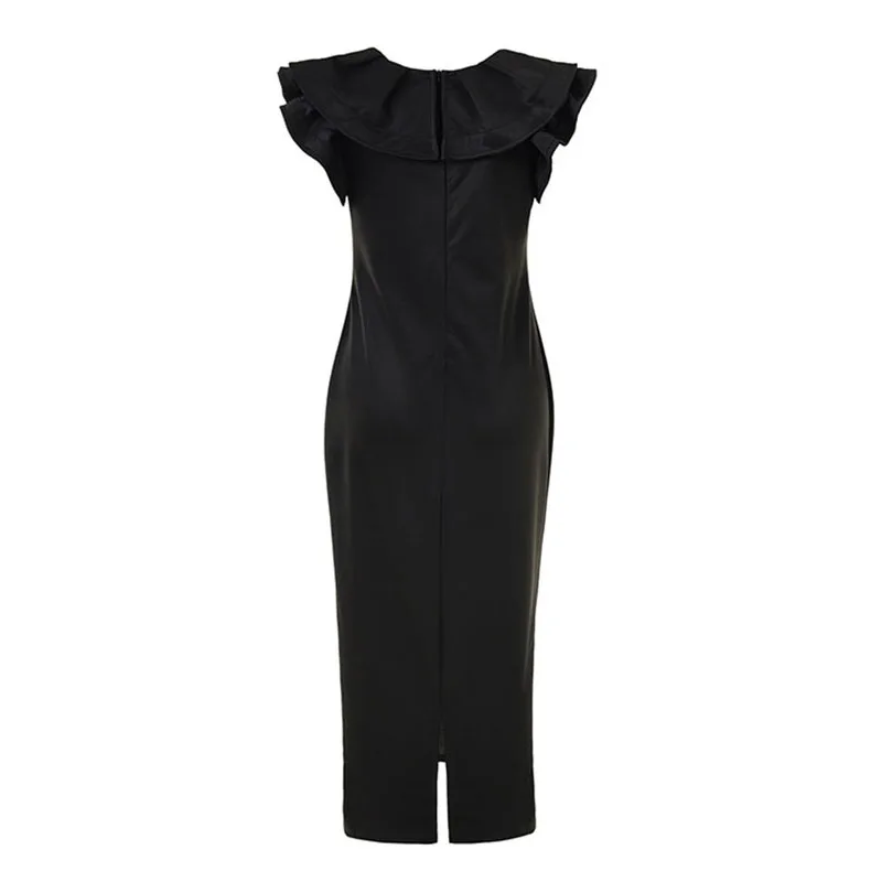 Women Fashion Formal Party Wear Dress Black Rose Carmine Solid Tight Fitting Ruffle Neckline Design Mid-Calf Wrapped Vestidos (4)