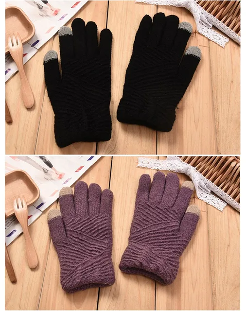 Women Gloves Winter Woolen Knitted Gloves Touch Screen Mittens Keep Warm Female Winter Full Finger Stripe Gloves Fashion Autumn -