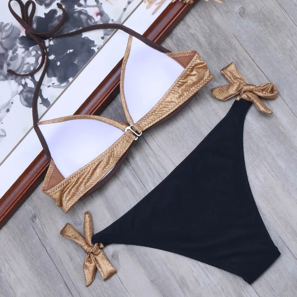 Billig Melphieer Gold Bikini Bronzing Bikinis Set Shiny Badeanzug Push Up Biquini Plus größe XXL Bademode Baden Schwimmen Anzug Für Frauen