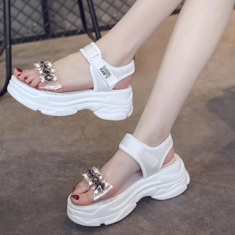 Rimocy 2019 Summer Woman Big Rhinestone Sandals Femme Clear Band Thick Bottom Wedges Casual Shoes Woman Platform Chunky Sandals