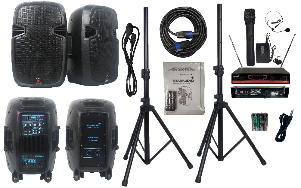

STARAUDIO Dual 12" 2000W Powered Speakers Active PA DJ Speaker Stands 2 Channel VHF Handheld Headset Wireless Microphone SSD-12B