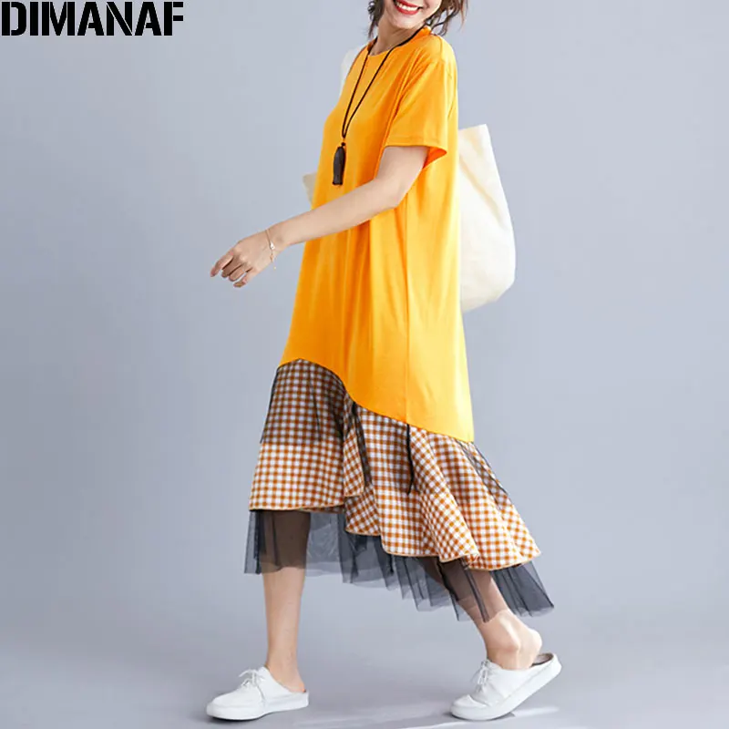DIMANAF, летнее женское платье, плюс размер, хлопок, пэчворк, кружево, тонкое, в клетку, женское, свободное, элегантное, модное, новое, большое, длинное платье