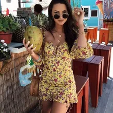 Fashion Women Lace Up Holiday Dress Sexy Lantern Sleeve Floral Print Mini Dress Summer Square Neck Hollow Out Dress square neck lace up random floral print playsuit in navy