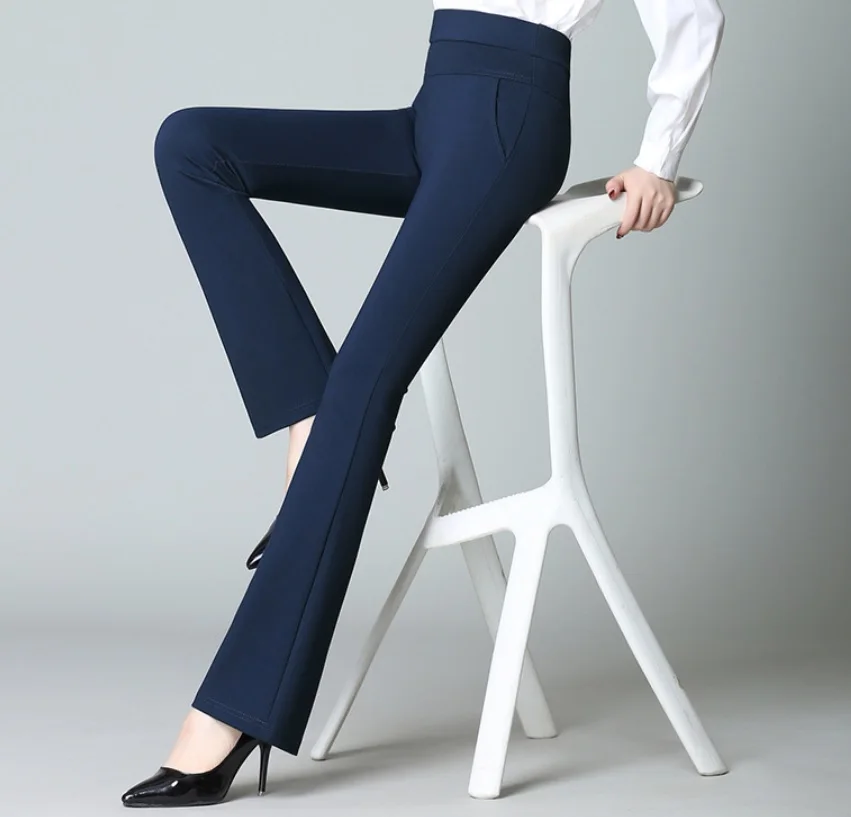 Высокая Талия пуш-ап расклешенные брюки женские клеш 4 способ растягивания голенище Формальные элегантные офисные брюки с карманами черный темно-синий