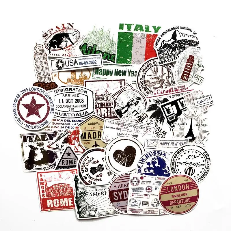 

60pcs/Lot Brand Travel Postmark Stamp Graffiti Stickers For Laptop Suitcase Skateboard Waterproof PVC Motor Stickers Pegatinas