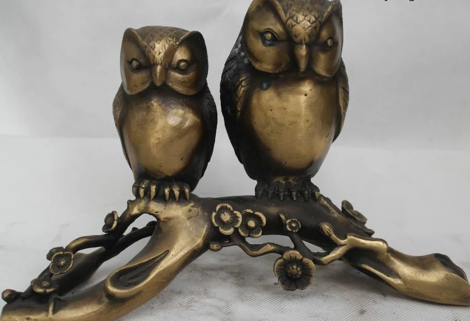 7&quot Lovely Chinese Fengshui Bronze Lifelike Animal Double Love Owls Bird Statue | Дом и сад