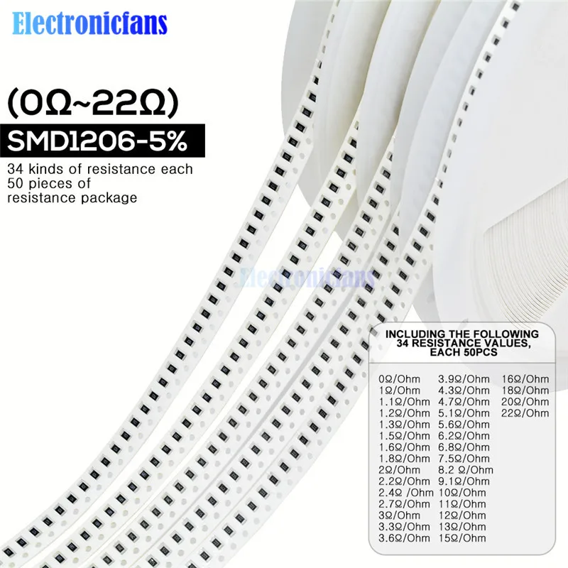 

1700PCS/Lot 1206 SMD Resistor 0R -10M Ohm 5% 1/4W 0.25W Chip Resistance Fixed Resistor Assorted Kit 34 Values X 50pcs =1700pcs