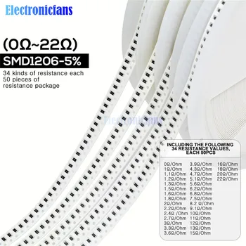 

1700PCS/Lot 1206 SMD Resistor 0R -10M Ohm 5% 1/4W 0.25W Chip Resistance Fixed Resistor Assorted Kit 34 Values X 50pcs =1700pcs