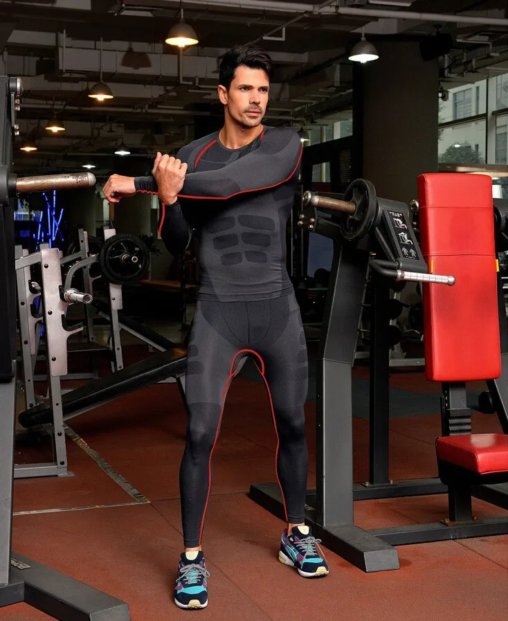 

Men's Compression Tights T Shirt jogges Bicycle Fitness tees Long Sleeve Moisture Wicking Quick-drying T-shirt Set Shirt+Pant